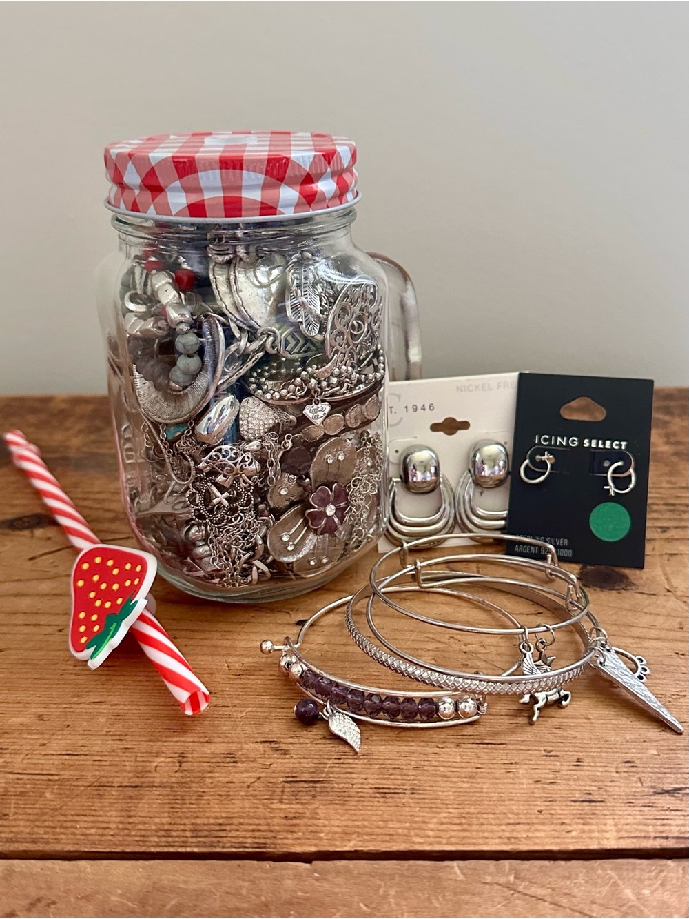 1.5 lbs Wearable Silver Tone Jewelry Mystery Lot - Mason Jar Glass w Straw Red